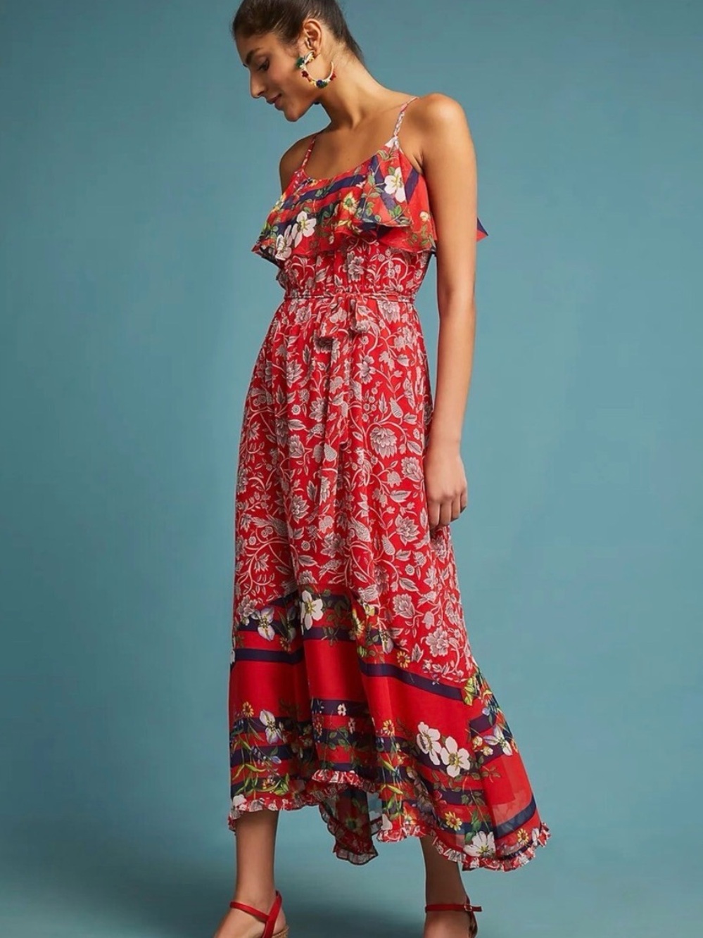 Anthropologie One September Zuri Red Floral Ruffle Maxi Dress Size M